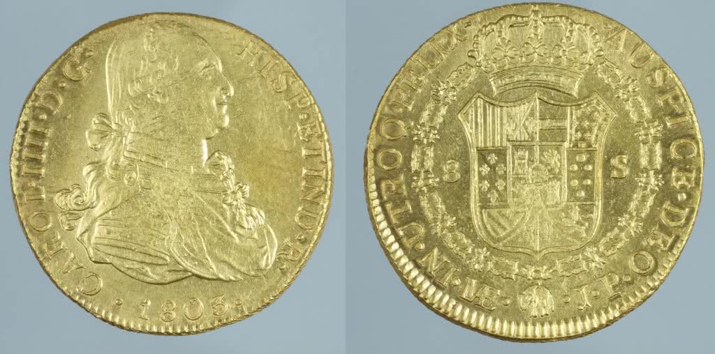 Moneda de 8 escudos de oro de Carlos IV, Lima 1803. Procedente del pecio de la Mercedes Museo Arqueológico Nacional, Madrid ©Miguel Ángel Camón Cisneros