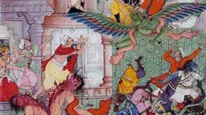 Krishna_Cleaves_the_Demon_Narakasura_with_his_Discus