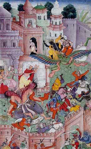 Krishna_Cleaves_the_Demon_Narakasura_with_his_Discus
