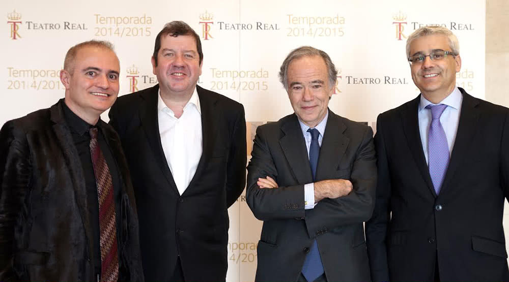El director artístico del Teatro Real, Joan Matabosch; el nuevo director musical, Ivor Bolto; el presidente del Patronato, Gregorio Marañón; y el director general, Ignacio García-Belenguer (de izquierda a derecha) (Foto: Javier del Real).