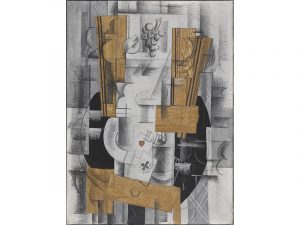Frutero y cartas (Compotier et cartes ), principios de 1913 Óleo y realces a lápiz y carboncillo sobre lienzo 81 x 60 cm Centre Pompidou, Musée national d'art moderne, París. Donación de Paul Rosenberg, 1947 Georges Braque © VEGAP, Bilbao, 2014 Foto © Georges Meguerditchian - Centre Pompidou, MNAMCCI/ Dist. RMN-GP