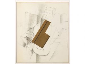 Guitarra (La Guitare), 1912 Carboncillo, papel con estampado imitación madera pegado sobre papel 70,2 x 60,7 cm Colección particular Georges Braque © VEGAP, Bilbao, 2014 Foto © Leiris SAS París