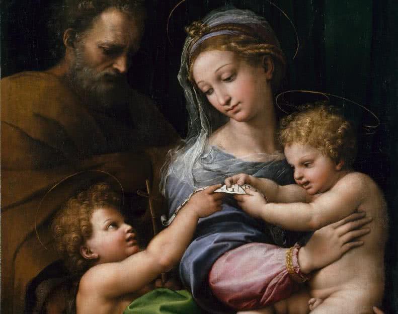 Sagrada Familia con San Juanito, o Virgen de la rosa. Rafael. Óleo sobre lienzo, 103 x 84 cm. h. 1517. Madrid, Museo Nacional del Prado.