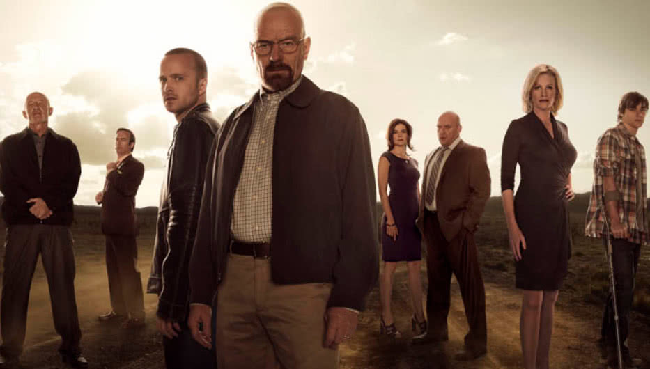 Mike (Jonathan Banks), Saul Goodman (Bob Odenkirk), Jesse Pinkman (Aaron Paul), Walter White (Bryan Cranston), Marie Schrader (Betsy Brandt), Hank Schrader (Dean Norris), Skyler White (Anna Gunn) and Walter White, Jr. (RJ Mitte) Photo by Frank Ockenfels/AMC