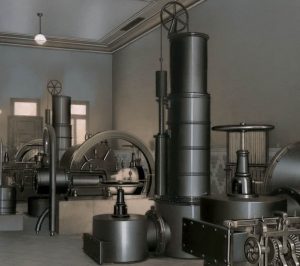 Ramón de Baños. Sala de máquinas con extractores que aspiran el gas de los refrigerantes y dan la presión necesaria para que circule por los aparatos y se llenen los gasómetros. Álbum de 1947. Archivo Histórico de la Fundación Gas Natural Fenosa.