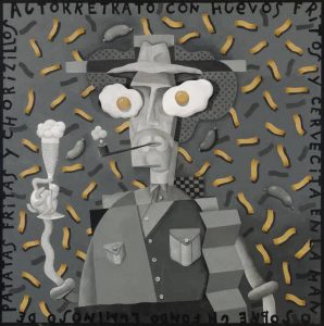 Fernando Bellver. Autorretrato con huevos fritos y cervecita en la mano o sobre un fondo luminoso de patatas fritas y chorizillos.