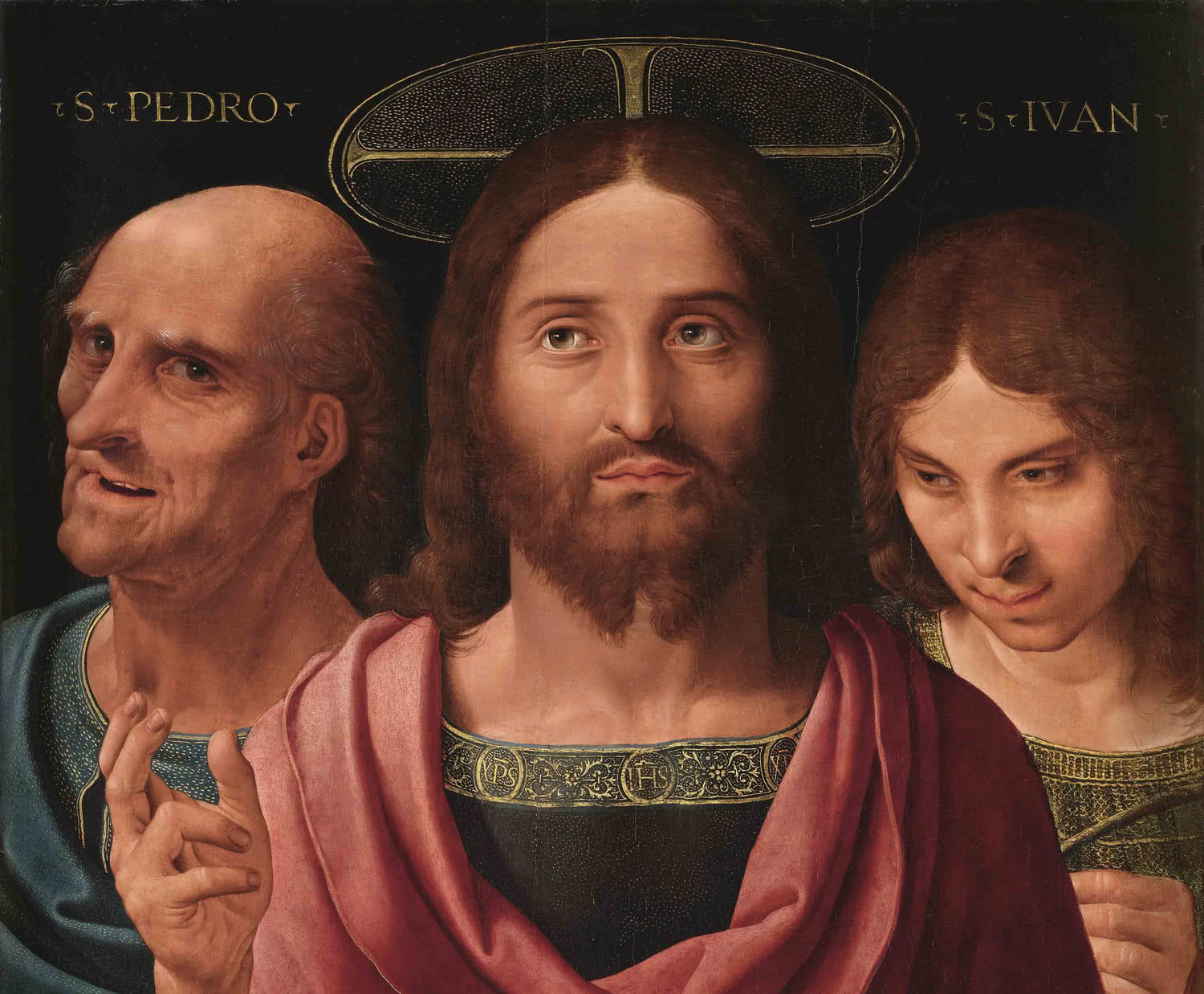 Fernando Yáñez de la Almedina. Salvator Mundi entre San Pedro y San Juan. Detalle.