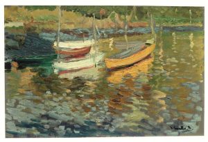 Joaquín Sorolla. Barcas en Pasajes. Firmado y fechado, 1909. Óleo/cartón, 22,8 x 33,9 cm.