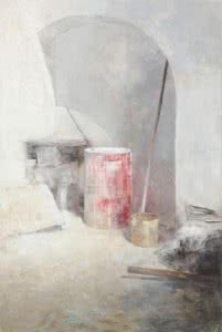 CARMEN LAFFÓN. La Cal. Bidon rojo. 2012. Carbón, témpera y óleo sobre madera. 218,5 x 147 cm.