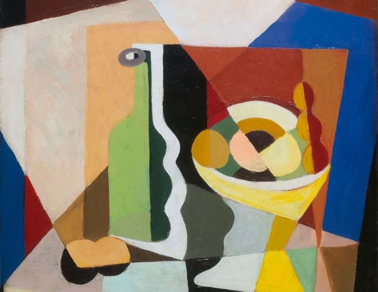 María Blanchard. Botella y copa de frutas sobre una tabla. Hacia 1917-1918. Colección Zorrilla Lequerica, Bilbao.