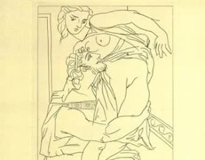 Gilbert Seldes, aguafuerte de Pablo Picasso (Cinesias y Mirrina) para Lysistrata de Aristophanes, 1934 (detalle).