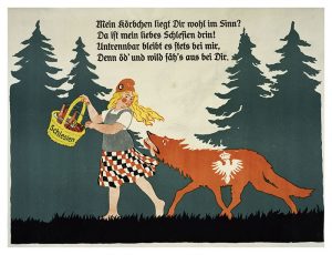 Konflikt um Oberschlesien/Plakat 1921. Schlesien / Konflikt um die Abtretung von Teilen Oberschlesiens an Polen, laut Versailler Vertrag vom 28. 6.1919. - 'Mein Koerbchen liegt dir wohl im Sinn? Da ist mein liebes Schlesien drin! Un- trennbar bleibt es stets bei mir, Denn oed' und wild saeh's aus bei Dir.'(Anti- polnische Propaganda, Allegorie Rot- kaeppchen u. der Wolf).- Plakat, um 1921 E: Conflict about Upper Silesia/Poster 1921 Germany: Weimar Republic / Silesia. Confrontation about the secession of parts of Upper Silesia to Poland, in accordance with Versailles Treaty. - Poster showing Little Red Riding Hood, protecting Silesia in her basket, re- fusing it to the wolf, who would only run it down. - Allegorical Propaganda poster, about 1921. Credit: Album / akg-images