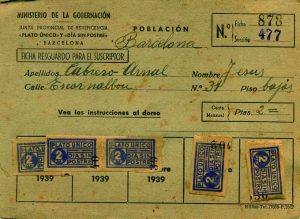 Ficha de Jesús Cabrero Arnal, de Barcelona, que le daba derecho a la comida que distribuía la Junta Provincial de Beneficiencia en 1939. El suscriptor tendría derecho a "plato único".