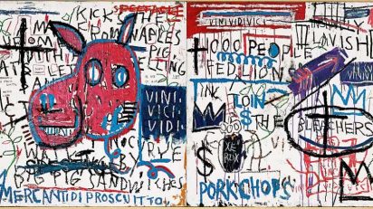 Jean-Michel Basquiat. El hombre de Nápoles (Man from Naples), 1982. Acrílico y collage sobre madera. 122 x 244,5 cm. Guggenheim Bilbao Museoa.