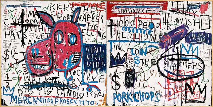 Jean-Michel Basquiat. El hombre de Nápoles (Man from Naples), 1982. Acrílico y collage sobre madera. 122 x 244,5 cm. Guggenheim Bilbao Museoa.