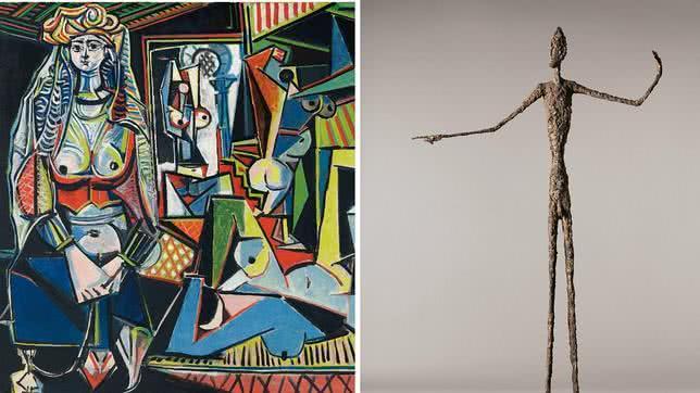 A la izquierda, 'Las mujeres de Alger (Versión O)', de Picasso. Detalle. A la derecha, 'El hombre que señala', de Giacometti. Detalle. A la izquierda, 'Las mujeres de Alger (Versión O)', de Picasso. Detalle. A la derecha, 'El hombre que señala', de Giacometti. Detalle.