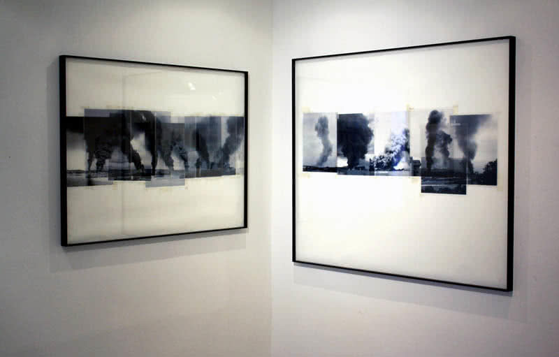 'Geopolítica de las hogueras', 2015. Impresión de tinta sobre acetatos, cinta adhesiva sobre papel . 70 x 91,5 cm / 91,5 x 107,5 cm.