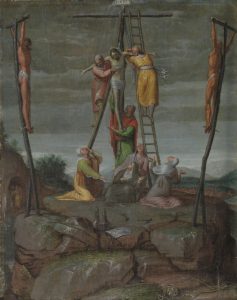 El Descendimiento. Pedro de Campaña (1503-hacia 1580). Óleo sobre tabla de roble, 25 x 19,5 cm. h.1570. Madrid, Museo Nacional del Prado. Donación Plácido Arango.