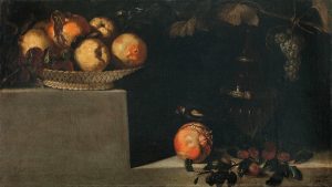 Juan van der Hamen, Bodegón de frutas y jarrón, 1626. Museu Nacional d’Art de Catalunya. Una versión modernizada del concepto de despensa rústica son las repisas escalonadas de Van der Hamen. Una novedad quizá introducida con la llegada a Madrid del erudito Cassiano dal Pozzo, en 1626, quien conocería los comentarios de Plinio el Viejo sobre obras similares de la antigua Roma.