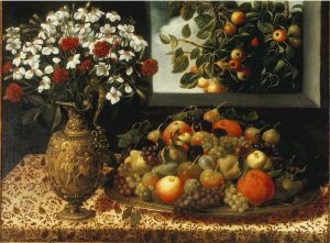 Tomás Hiepes, Bodegón con frutas y jarrón con flores, h. 1645-1650. Museu Nacional d’Art de Catalunya. En otra variante del bodegón la despensa pasa a la mesa y junto a los alimentos se representan ricos objetos del ajuar doméstico, a veces, incluso, jarrones de flores. Un subgénero que responde al gusto de una clientela con poder adquisitivo que con esta clase de pinturas quiere mostrarlo al mundo.