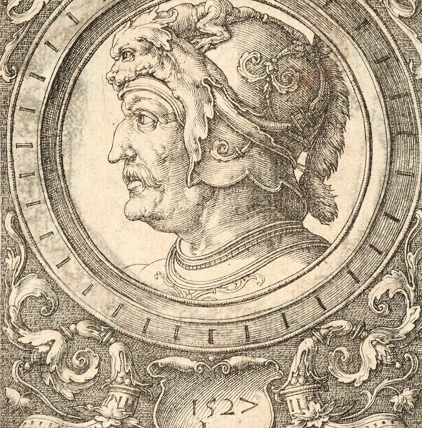 Ornamento con cabeza de guerrero (detalle). Lucas Van Leyden. 1527. Colección Mariano Moret.