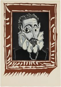 Pablo Picasso. Retrato de hombre con gorgera. Variación inspirada en El Greco. Mougins, 9 de abril del 1962. Grabado con gubia en cinco colores, sobre dos planchas de linóleo, estampado sobre papel vitela Arches (prueba Sabartés, IV estado y definitivou). 34,8 x 27 cm (plancha); 62,5 x 44,5 cm (lámina). Adquisición, 2007. Museu Picasso, Barcelona. Fotografía: Estudi Gasull. 