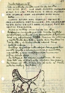 Página 167 del segundo volumen de Diario de viaje' de E. Camps con motivo de su visita a la Catedral de Palermo. Comentarios y dibujo de la tumba de Federico II.