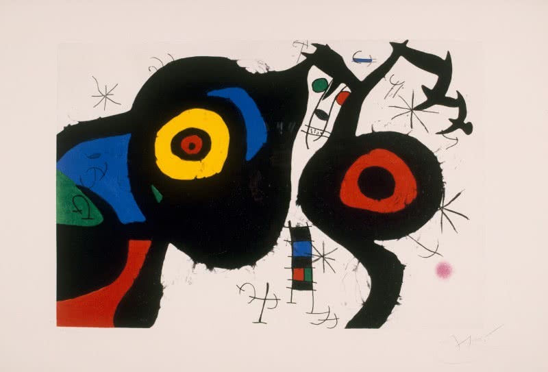 Joan MiróI due amici, 1969. Acquaforte, acquatinta e carburo disilicio, cm 71,5 x 106,5. Barcellona, Fundació Joan Miró. © Successió Miró by SIAE 2015.