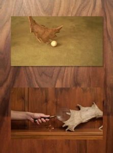 Belén Zahera. Insideout, 2015. Vídeo HD, figuras con impresión 3D de polvo cerámico, pareidolias recortadas en madera (detalle instalación).