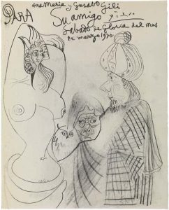 Dedicatoria que Picasso hizo en el libro «Jacint Reventós Conti y varios autores, Recordando el Doctor Reventós (Homenaje de sus amigos)». Barcelona, Gustavo Gili, 1969. Ejemplar núm. B - Pablo Picasso. La Celestina haciendo las presentaciones. Mougins, 28 de marzo de 1970. Lápiz Conté sobre papel. 30,7 x 24,7 cm. Fons Gustau Gili i Anna Maria Torra. Museu Picasso, Barcelona. Museu Picasso, Barcelona. Fotografía: Gasull Fotografia © Sucesión Pablo Picasso, VEGAP, Madrid 2016.