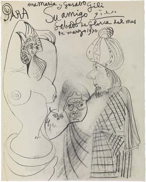 Dedicatoria que Picasso hizo en el libro «Jacint Reventós Conti y varios autores, Recordando el Doctor Reventós (Homenaje de sus amigos)». Barcelona, Gustavo Gili, 1969. Ejemplar núm. B - Pablo Picasso. La Celestina haciendo las presentaciones. Mougins, 28 de marzo de 1970. Lápiz Conté sobre papel. 30,7 x 24,7 cm. Fons Gustau Gili i Anna Maria Torra. Museu Picasso, Barcelona. Museu Picasso, Barcelona. Fotografía: Gasull Fotografia © Sucesión Pablo Picasso, VEGAP, Madrid 2016.