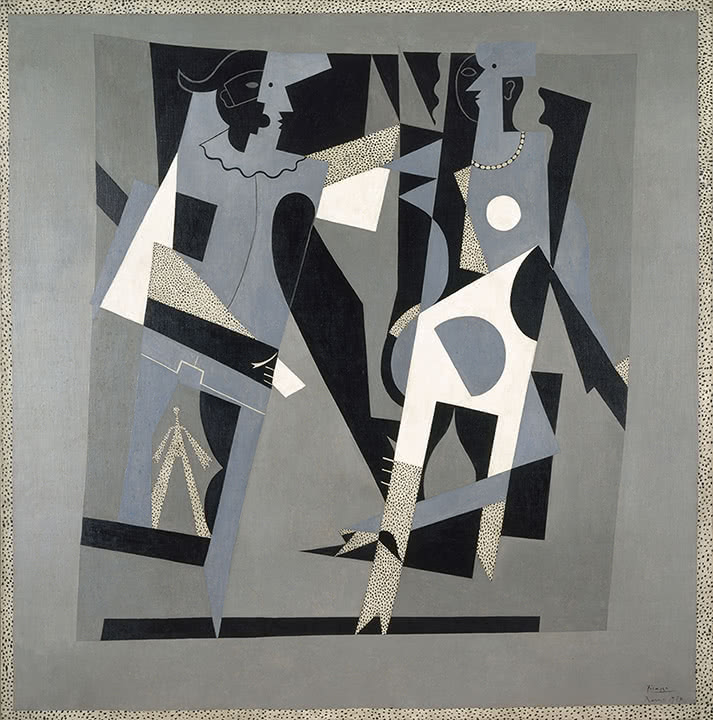 Pablo Picasso, Arlequín y mujer con collar, 1917. Oleo sobre tela 200 x 200 cm. Legado de la baronesa Eva Gourgaud en 1965. Centre Pompidou, Paris. Musée national d'art moderne/Centre de création industrielle. nºinv. AM 3760 P. Fotografía © Centre Pompidou, MNAM-CCI, Dist. RMN-Grand Palais / Bertrand Prévost © Sucesión Pablo Picasso, VEGAP, Madrid 2016.