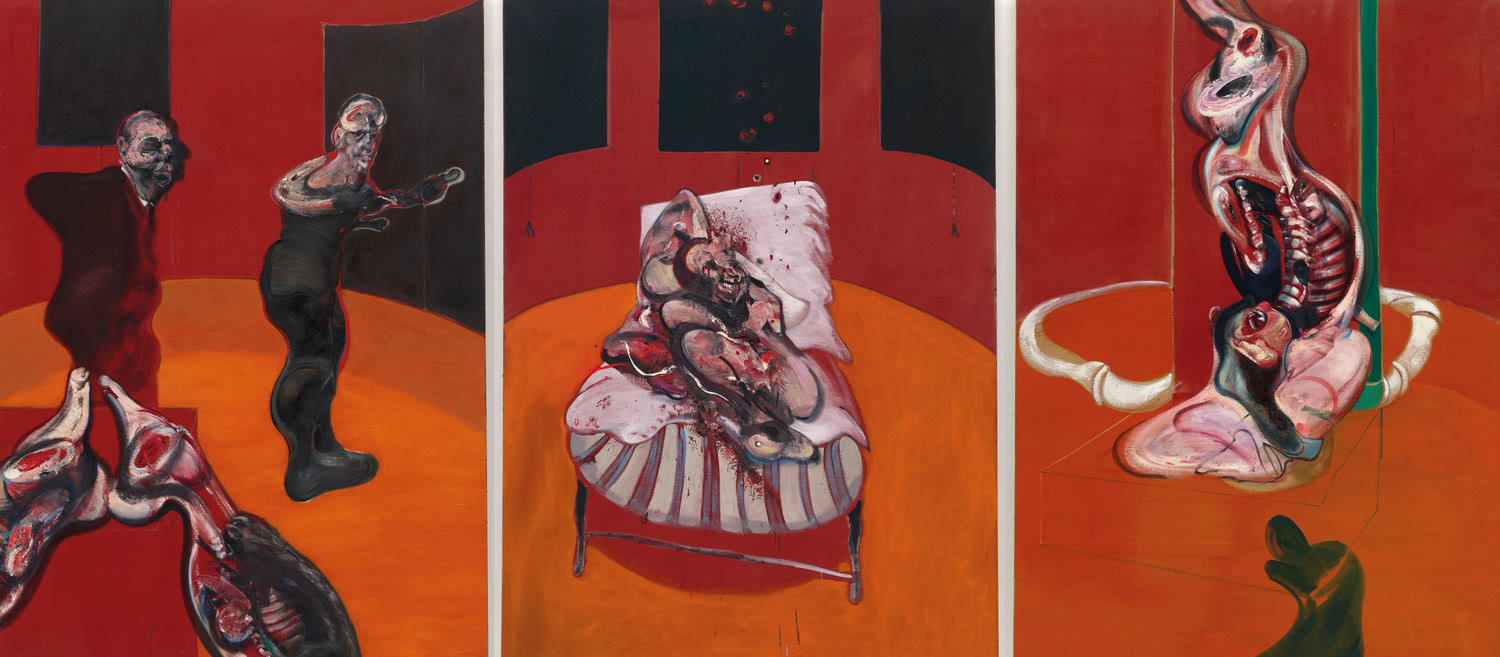 Francis Bacon. 'Tres estudios para una crucifixión (Three Studies for a Crucifixion)', marzo, 1962. Óleo con arena sobre lienzo, tres paneles. 198,1 x 144,8 cm cada uno. Solomon R. Guggenheim Museum, Nueva York, 64.1700. © The Estate of Francis Bacon. All rights reserved. DACS/VEGAP. Bilbao, 2015.