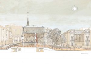 Foster + Partners L.T.D. y Rubio Arquitectura S.L.P. Sección transversal perspectiva de la propuesta en la que se muestra la permeabilidad del eje Norte-Sur del Salón de Reinos de Buen Retiro.