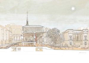 TRAZA OCULTA. Sección transversal perspectiva de la propuesta en la que se muestra la permeabilidad del eje Norte-Sur. UTE: FOSTER + PARTNERS L.T.D. - RUBIO ARQUITECTURA S.L.P.