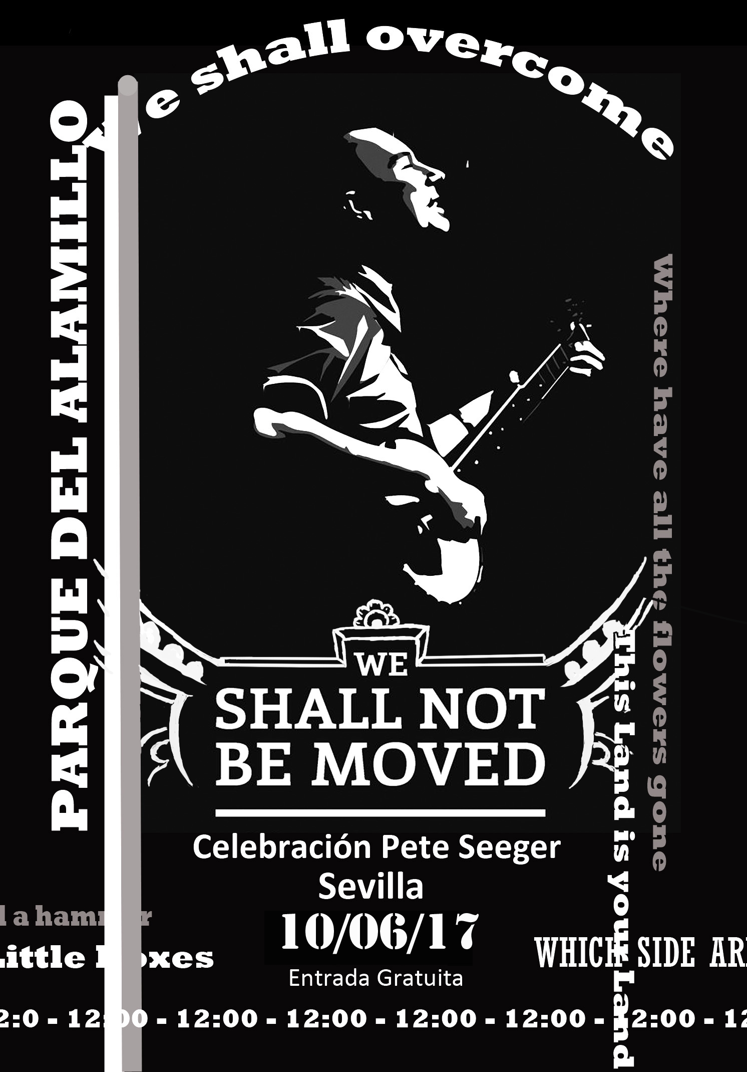 Cartel del concierto homenaje a Pete Seeger en el Parque del Alamillo. Diseño: Jesús Albarrán.
