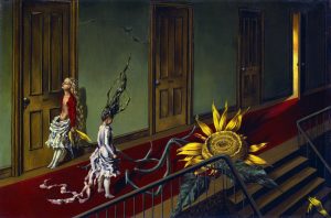 Dorothea Tanning (1910-2012). Pequeña serenata nocturna (Eine Kleine Nachtmusik), 1943. Óleo sobre lienzo, 407 x 610 mm. © Tate, London 2015 © The Estate of Dorothea Tanning / ADAGP, Paris / VEGAP, Málaga, 2016.