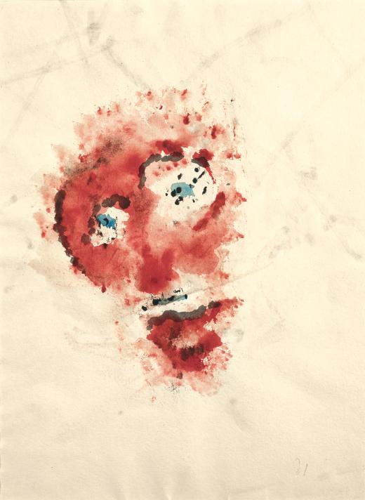 Henri Michaux. Sin título, 1981. Acuarela sobre papel. 367 x 270 mm. Colección particular. © Archives Henri Michaux, VEGAP, Bilbao, 2018. © FMGB Guggenheim Bilbao Museoa. Foto: Erika Barahona Ede.