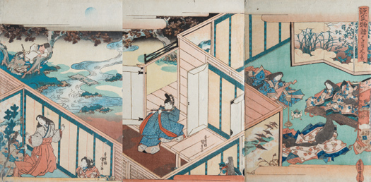 Utagawa Kunisada (Toyokuni III). Tríptico inspirado en la novela Genji Monogatari [La historia de Genji] de Murasaki Shikibu, 1830. Colección Bujalance.