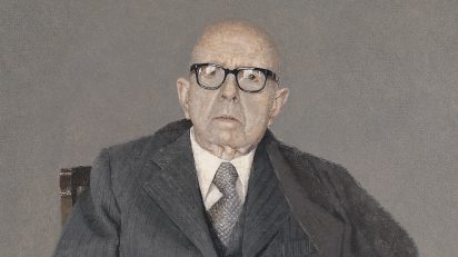‘Dámaso Alonso’, 1984. Hernán Cortés. Óleo sobre lienzo, 100 x 100 cm. Colección Real Academia Española. Madrid.