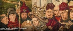 Fernando I de Castilla acogiendo a Santo Bartolomé Bermejo. Domingo de Silos. 1478 - 1479. Óleo sobre tabla, 145 x 94 cm.