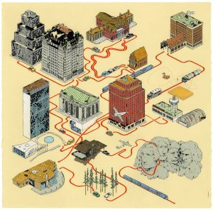 Andrew DeGraff. North By Nothwest Passage. This map of Alfred Hitchcock's "North By Northwest" (1959) show all of the main location of the film as well as highlighting all the modes of transportation used by Cary Grant's character, Roger Thornhill. Gouache on paper 22" x 22".