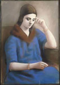 Pablo Picasso (1881-1973) Olga pensativa, invierno 1923. Pastel y lápiz negro sobre papel vitela , 105 x 74 cm. Musée national Picasso-Paris, Dation Pablo Picasso, 1979. MP993.