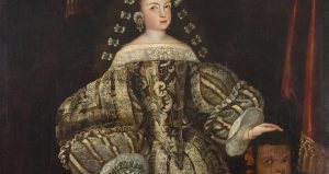 Retrato de Dª María Luisa de Toledo con su acompañante indígena. Atribuido a Antonio Rodríguez, hacia 1670. México. Detalle.