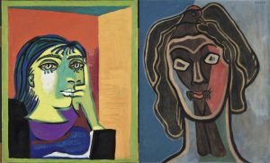 Pablo Picasso, Retrato de Dora Maar, 1937. Musée national Picasso-Paris. © Sucesión Pablo Picasso, VEGAP, Madrid, 2018. Francis Picabia, Habia II, ca. 1938 y ca. 1945. Ursula Hauser Collection, Suiza. © Francis Picabia, VEGAP, Madrid, 2018