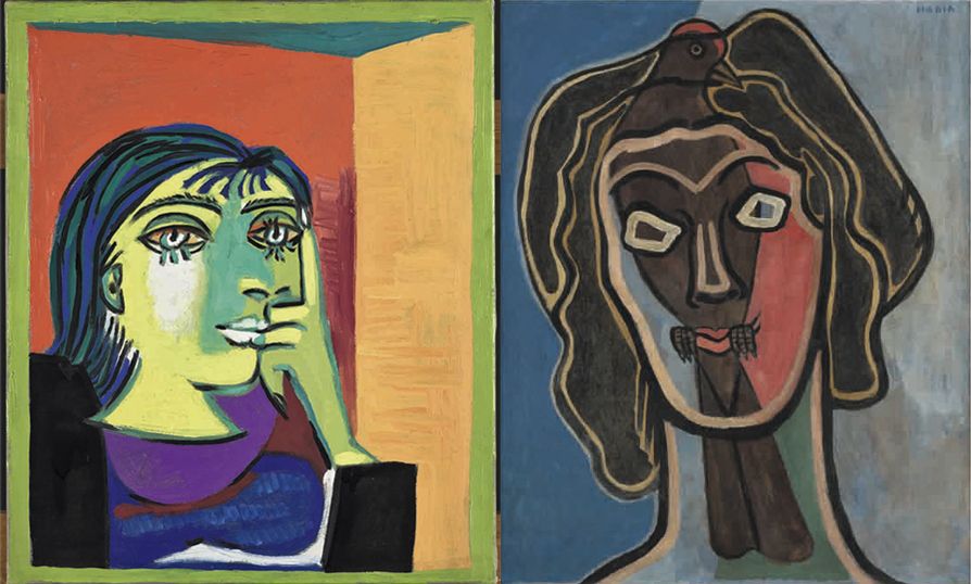 Pablo Picasso, Retrato de Dora Maar, 1937. Musée national Picasso-Paris. © Sucesión Pablo Picasso, VEGAP, Madrid, 2018. Francis Picabia, Habia II, ca. 1938 y ca. 1945. Ursula Hauser Collection, Suiza. © Francis Picabia, VEGAP, Madrid, 2018