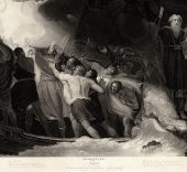 The shipwreck in Act I, Scene 1, in a 1797 engraving by Benjamin Smith after a painting by George Romney.