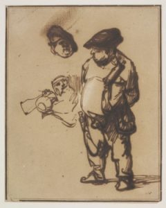 Rembrandt van Rijn (1606-1669) Estudio del Actor Willem Ruyter como campesino, sobre 1634-8 Pluma y tinta ferrogálica con blanco opaco sobre papel. Imagen © Victoria and Albert Museum.