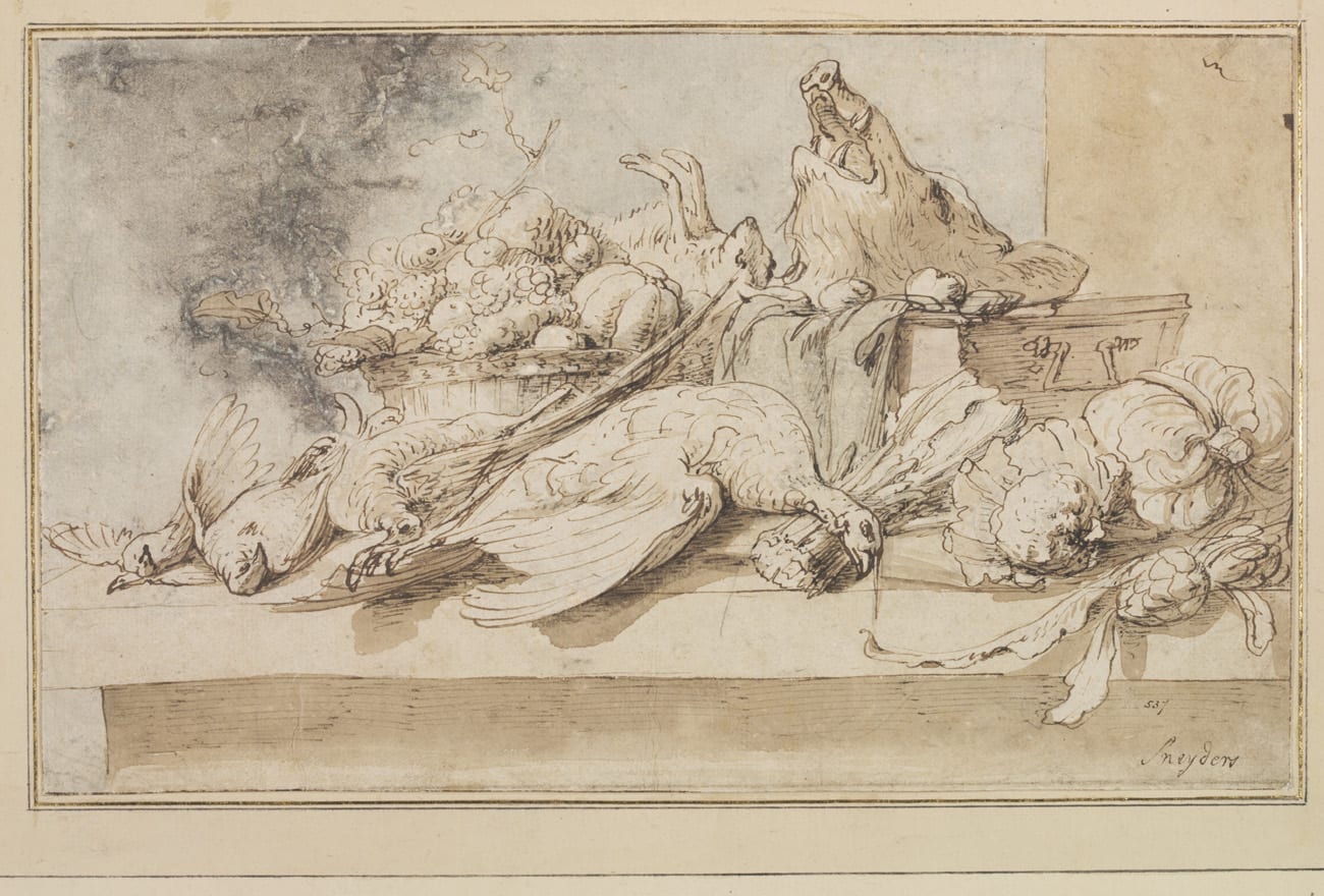 Frans Snyders (1579-1657). Bodegón con caza sobre la mesa, sobre 1615. Pluma y tinta marrón, con aguada marrón, y aguada gris sobre papel. Imagen © Victoria and Albert Museum.