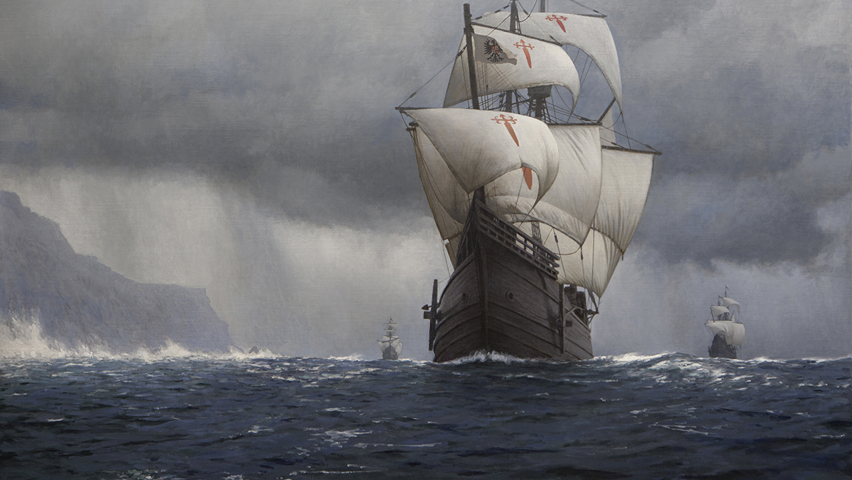 "Nao Victoria cruzando el Estrecho de Magallanes", obra del pintor chileno Guillermo Muñoz Vera.